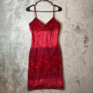 Y2K Vintage Red Bandana‎ Print Mesh Slip Dress Boho Floral Festival Beaded Small